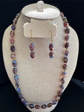 VTG Venetian Millefiori Glass Bead Necklace & Earrings Set